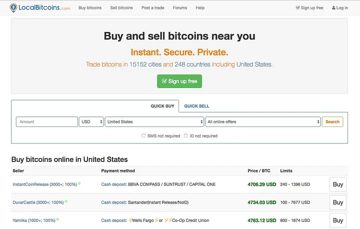The now-defunct LocalBitcoins platform interface displays options for buying and selling Bitcoin near users, highlighting cash deposit payment methods and trade limits.