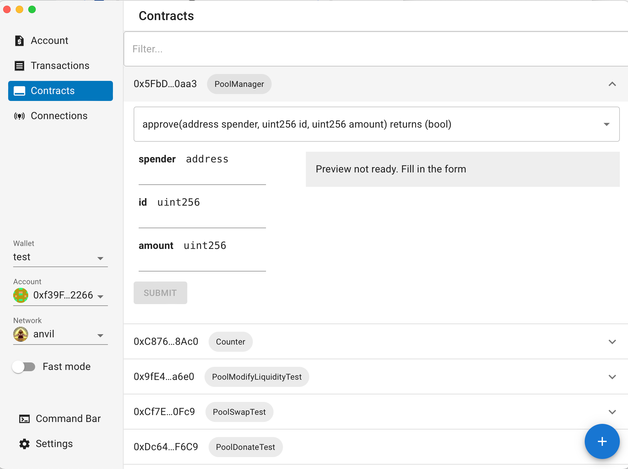 Execute transactions seamlessly from ethui's contracts panel