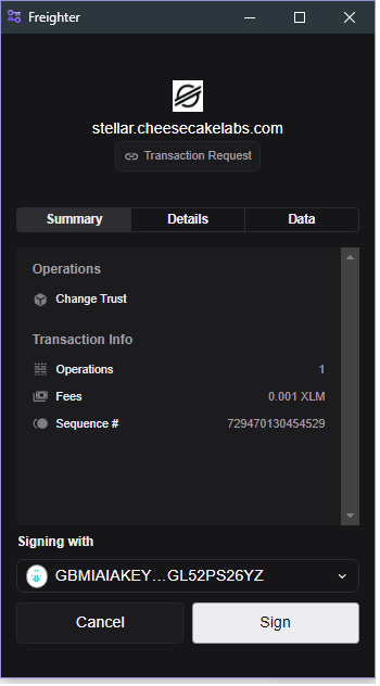 Screenshot of the signature for the transaction made in CheesecakeLabs.