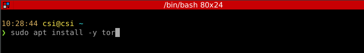 Figure 1. Terminal window with a command to install the Tor browser using the apt package manager on a Unix-like OS.