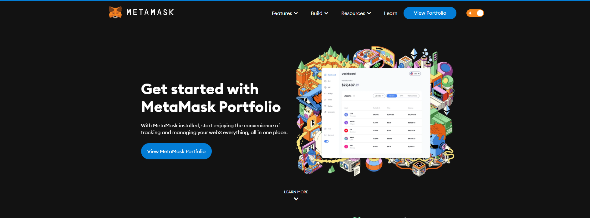 Pagina web oficial de Metamask. Fuente: www.metamask.io