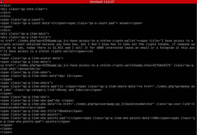 Figure 7. Terminal screen showing HTML code of a web post about a stolen crypto wallet.