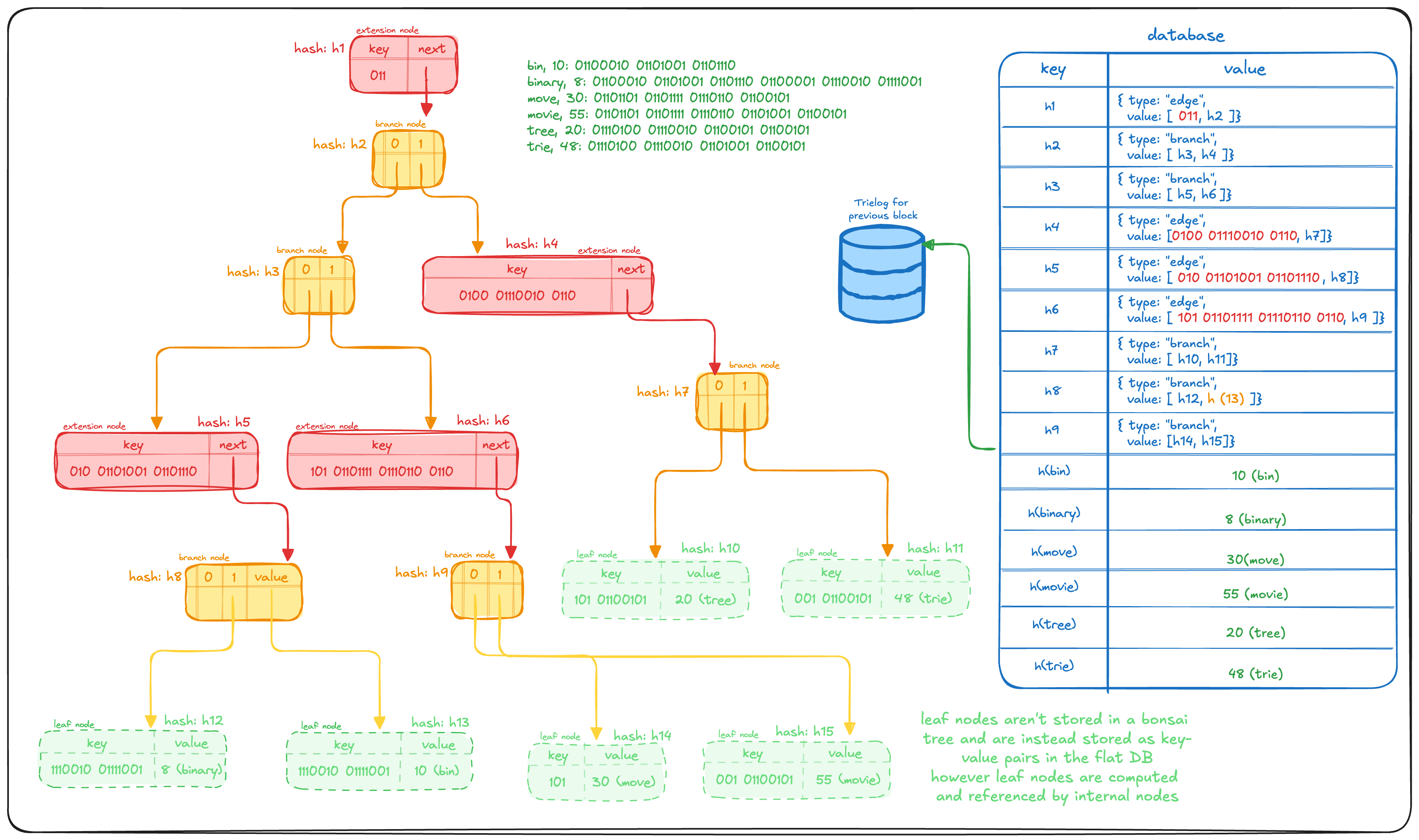 The Bonsai tree is an modified Binary Merkle Patricia Tree that stores leaf nodes in a flat-database to enable O(1) read times