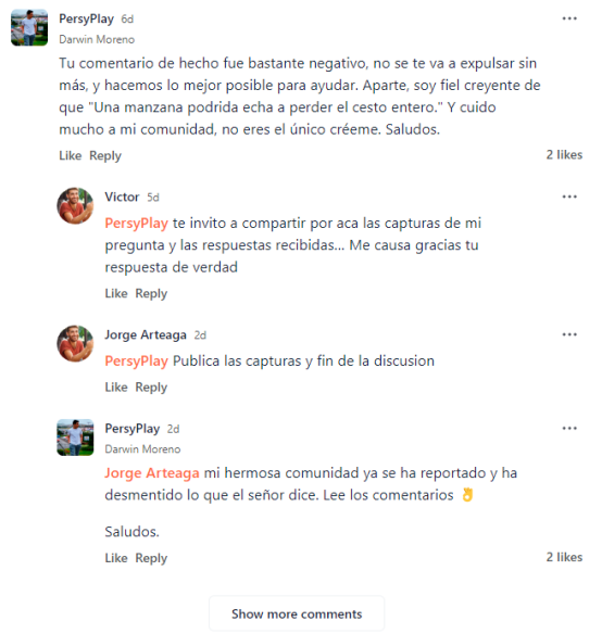 "Líder" excusándose y escudándose detrás de su comunidad luego de haber eliminado a un usuario de su grupo al hacer una pregunta.