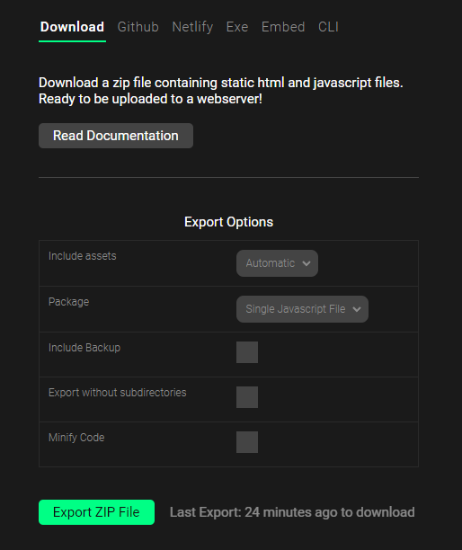 Exporting our project (including backup and minifying is optional)