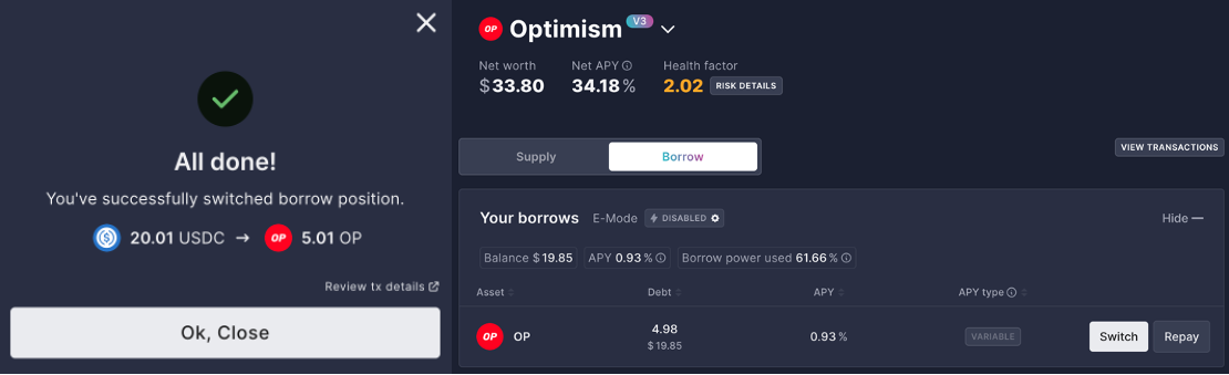 NOTE: switching actions can incur higher transaction fees than standard operations.