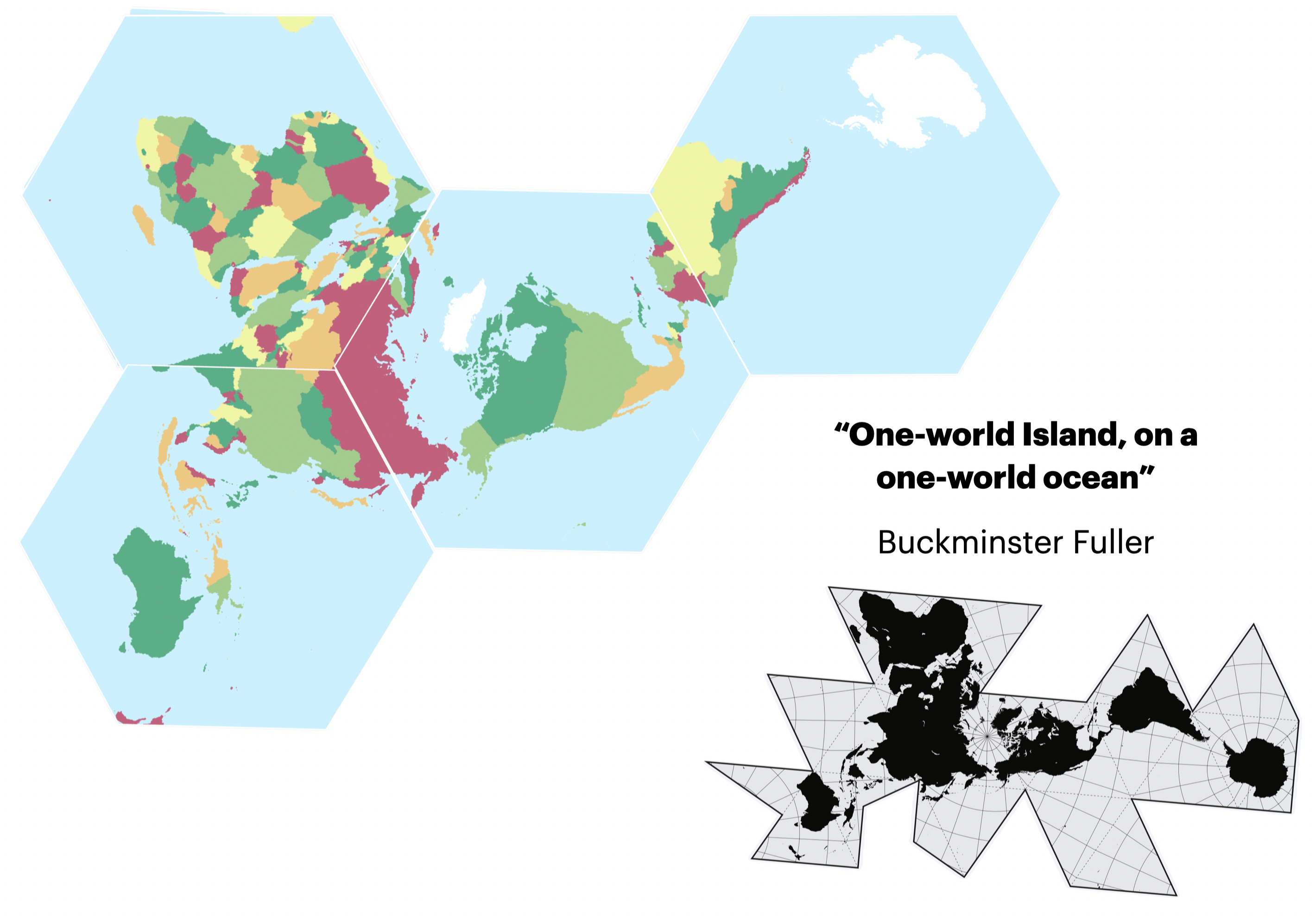The Dymaxion map compared to a similar arrangement of the Gosper map.