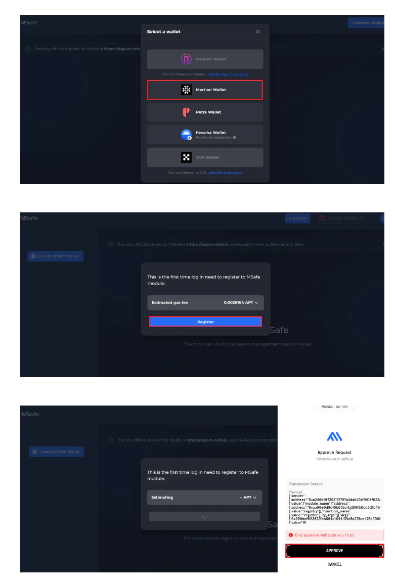 进行多签4.点击Create MSafe Wallet按钮来初始化MSafe创建过程。填写有关MSafe创建信息的信息,包括:
安全管理器:管理MSafe钱包的地址列表。连接的钱包自动填写为MSafe钱包的第一管理员。
初始余额:发送到 MSafe 账户的初始余额。初始余额使用于登记时的煤气费。
签名门槛:MSafe 钱包每次笔交易所需要的最低批发准。
注意:填写在第二行的地址要注册过才行,没有注册会出现如下错误提示。