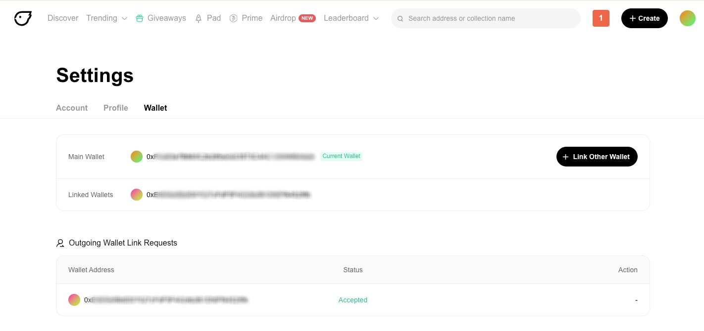 Main wallet view of wallets linked 