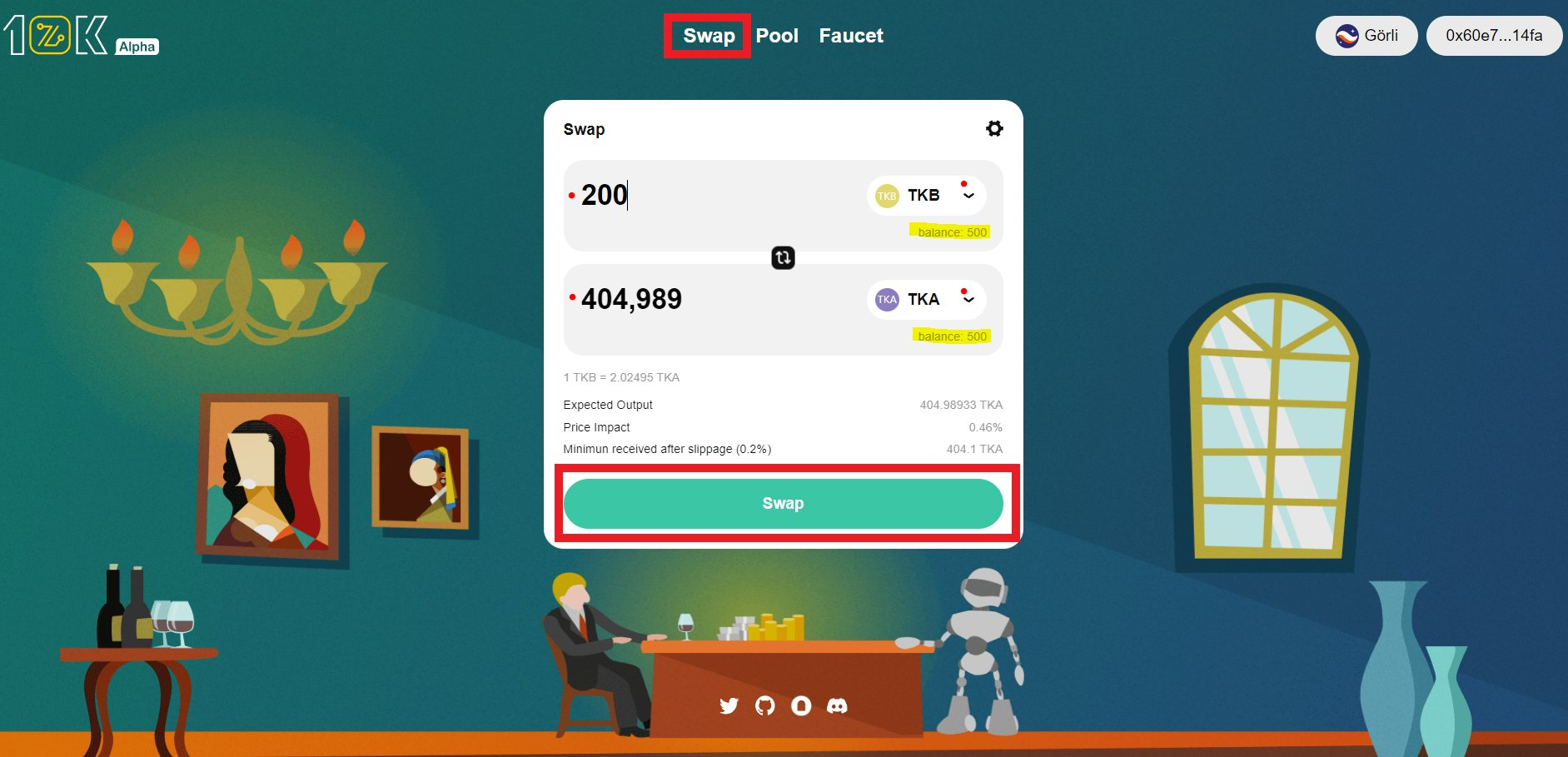 Go to the "Swap" tab, select the tokens you want to swap, specify the amount and press "Swap".