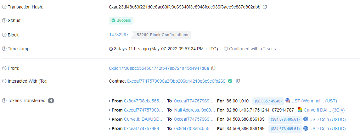85 M UST 转入 Curve 进行砸盘， 来源：Etherscan.io