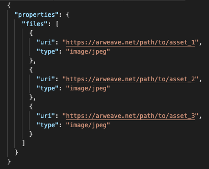 The array of objects contains multiple assets with a URI and other relevant metadata, such as type.