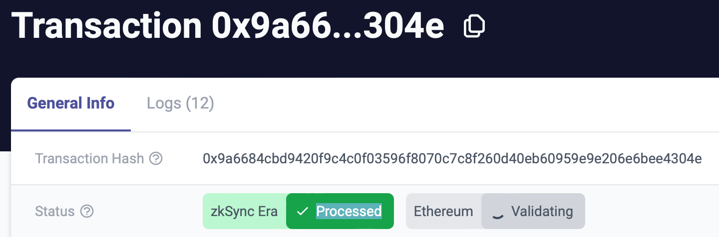 Batch 292700 裡面的交易目前狀態，從 Ethereum Sending 變成 Ethereum Validating ，表示等待被零知識證明驗證其有效性