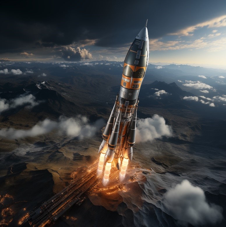 Midjourney Prompt: “A super futuristic Rocketship from far above the earth exiting the atmosphere — s 750”