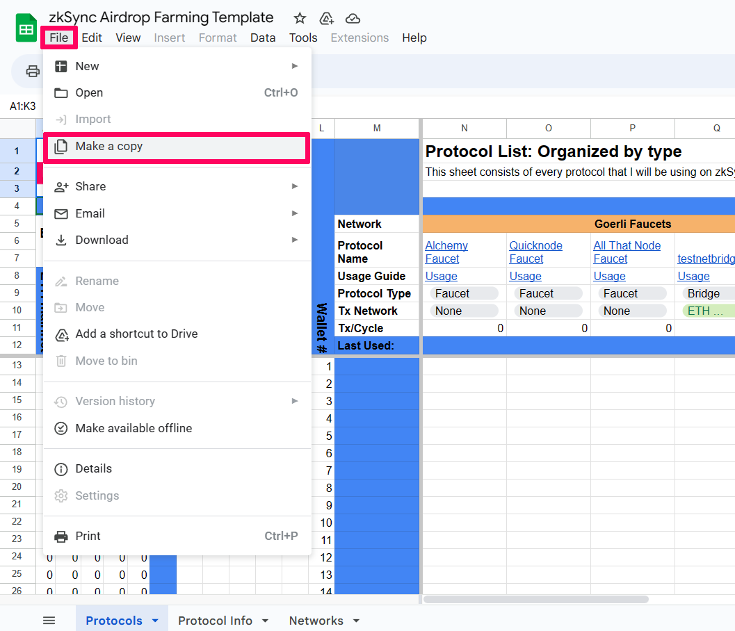 Instructions on how to make a copy of the spreadsheet.