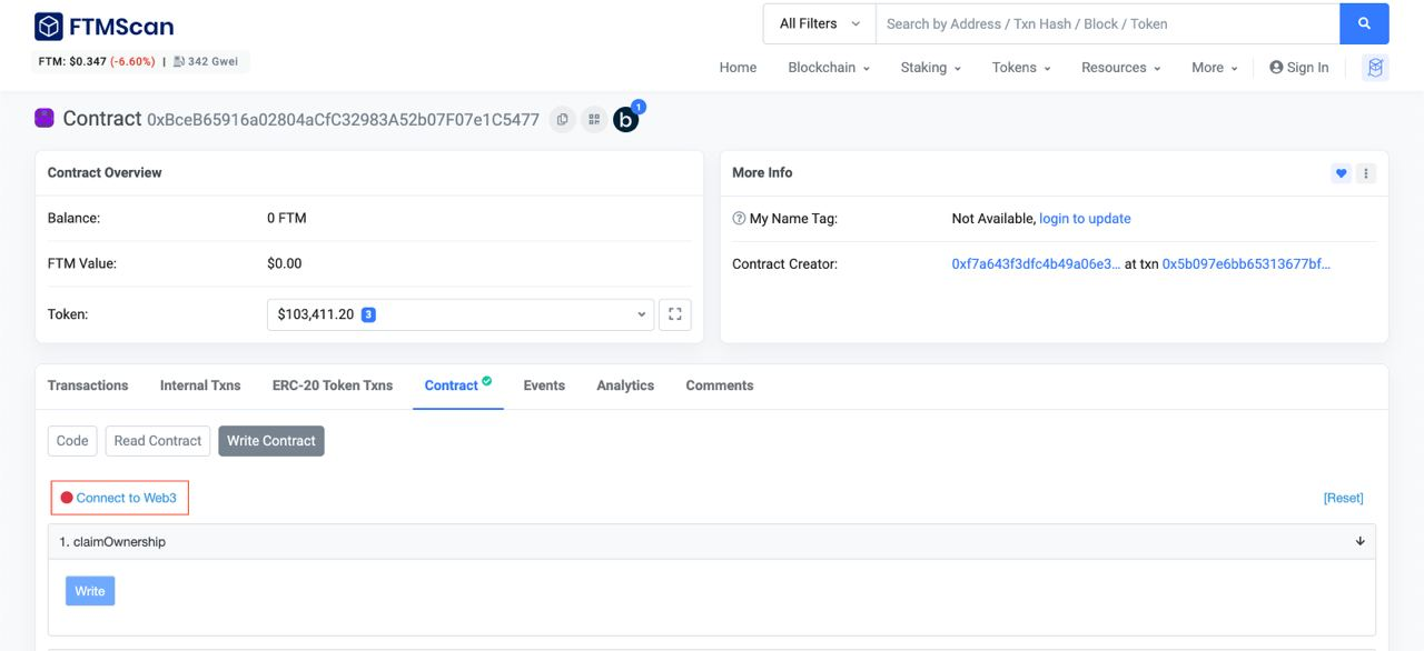 Connect to Web3 button on FTMScan