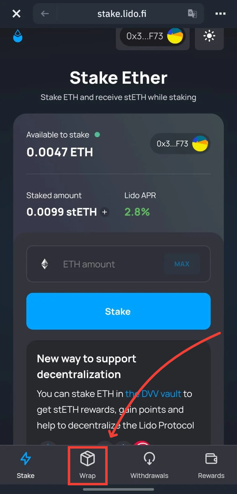 Navigate to the Wrap & Unwrap section in the staking widget.