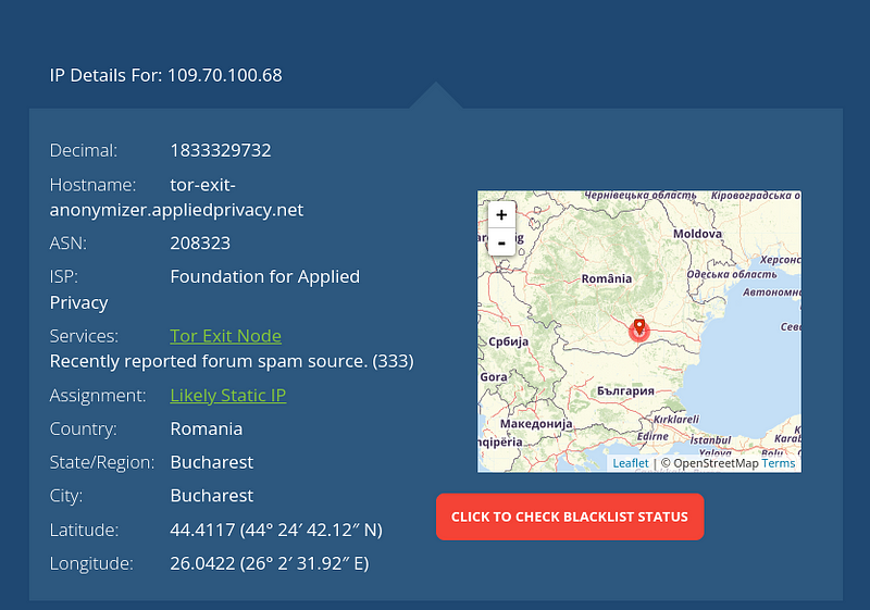 Figure 5. An interface displaying details and location of an IP address identified as a Tor exit node in Bucharest, Romania.