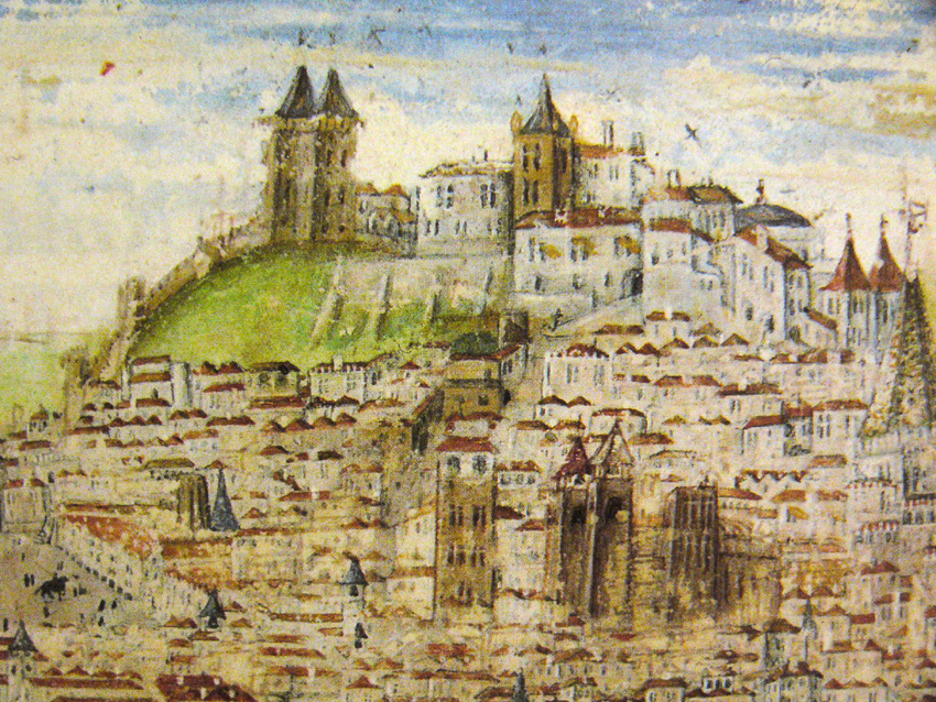Detalhe do Castelo de São Jorge e das muralhas da cidade no panorama geral de Lisboa durante o cerco de D. Afonso Henriques na "Crónica de D. Afonso Henriques" de Duarte Galvão (1505)