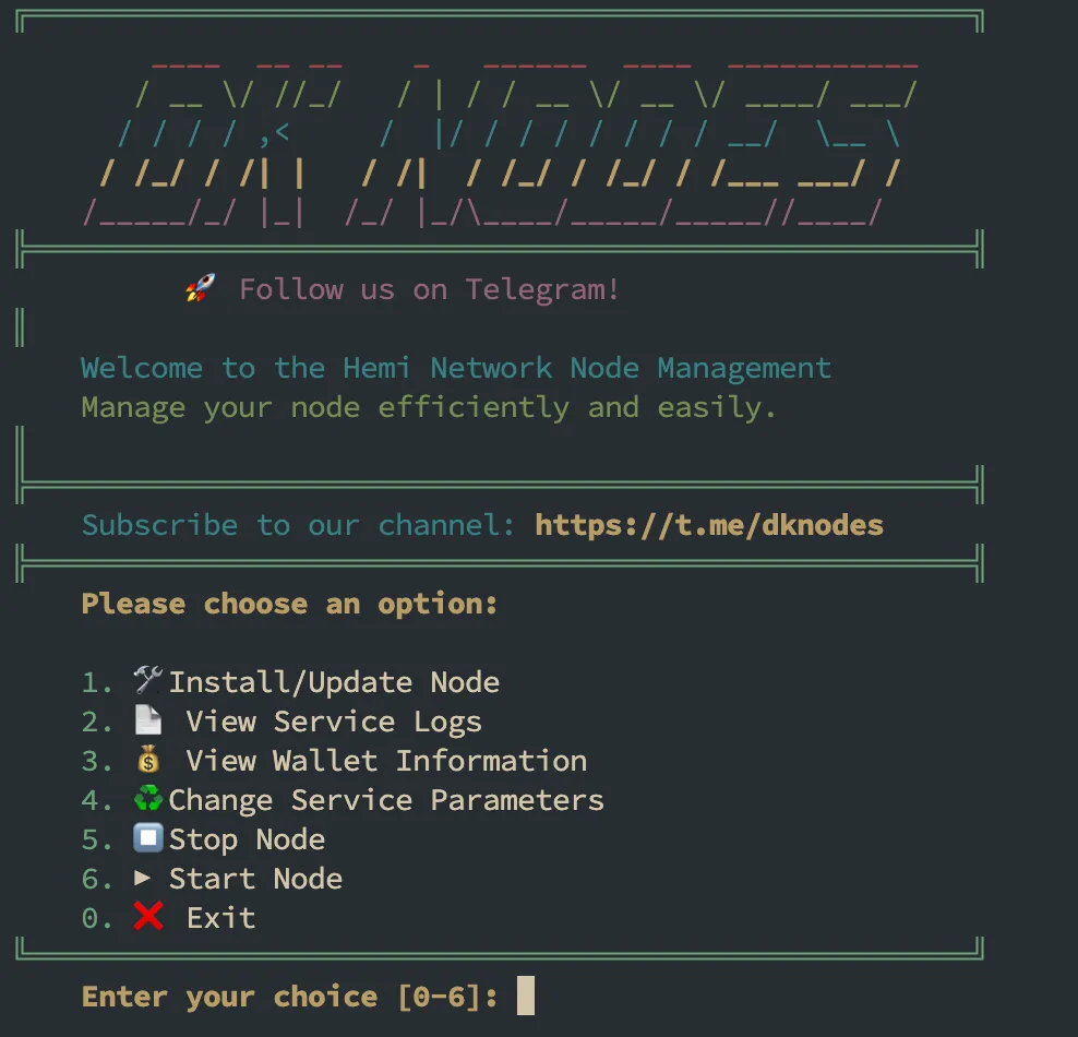 Command 1 — Install/Update Node: install a new node or update an existing one.Command 2 — View Service Logs: check logs to monitor node activity and troubleshoot issues.Command 3 — View Wallet Information: access your wallet details used for Proof of Performance (PoP) mining.Command 4 — Change Service Parameters: modify settings related to your node’s operation.Command 5 — Stop Node: safely stop the node service.Command 6 — Start Node: start the node service if it’s not running.Command 0 — Exit: exit the Node Management Interface.