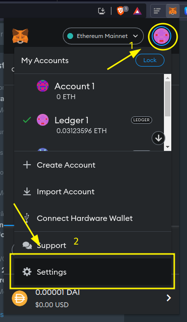 Como abrir as configurações na MetaMask.