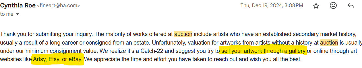 Email reply from Heritage Auctions.