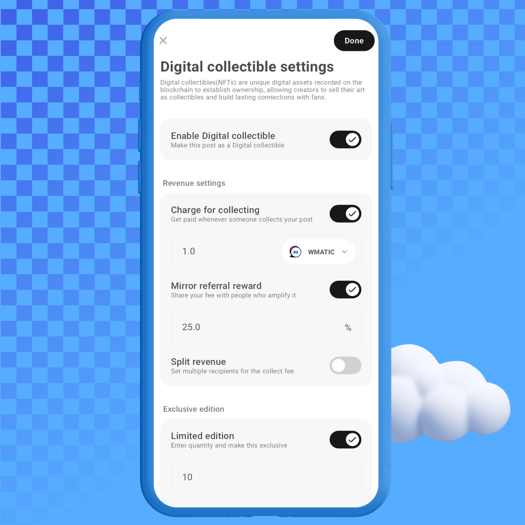 NFT settings in Orb