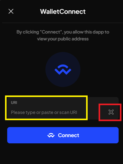 You can either paste the wallet connect URL from the marketplace app or use the QR code scanner