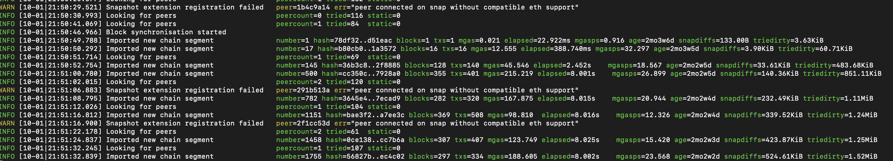 The Geth node starts importing blocks