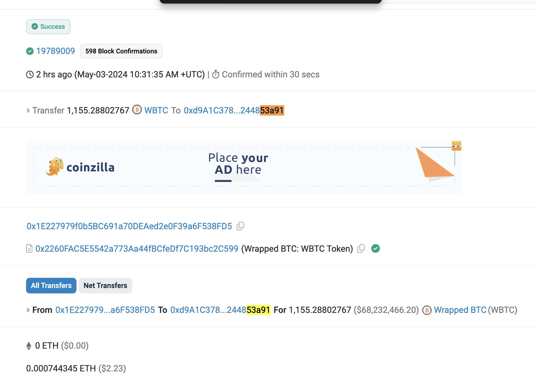 This is the transaction where the victim mistakenly transferred 1,155 wBTC, worth approximately $68 million, to the poisoned address instead of the intended original address. The attacker had previously injected a fake address into the victim’s transaction history through a 0 ETH poisoning transaction. Believing it to be the correct recipient, the victim copied the spoofed address and sent the funds, resulting in a massive loss.