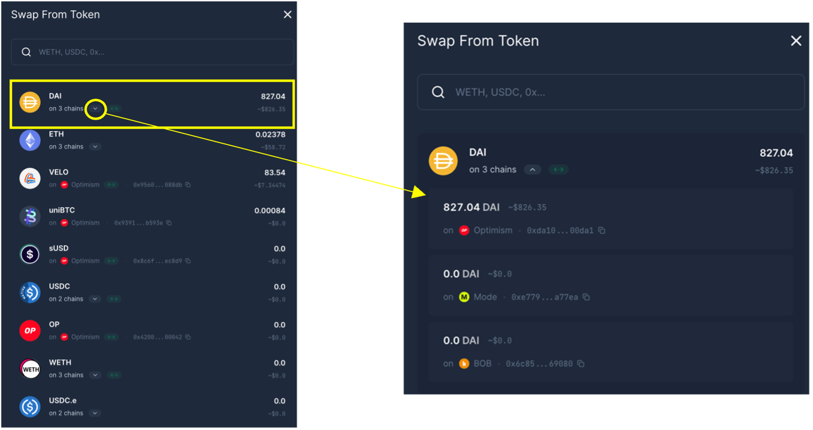 Velodrome will display the amount of each token available in your wallet alongside its USD value to assist in making a selection.