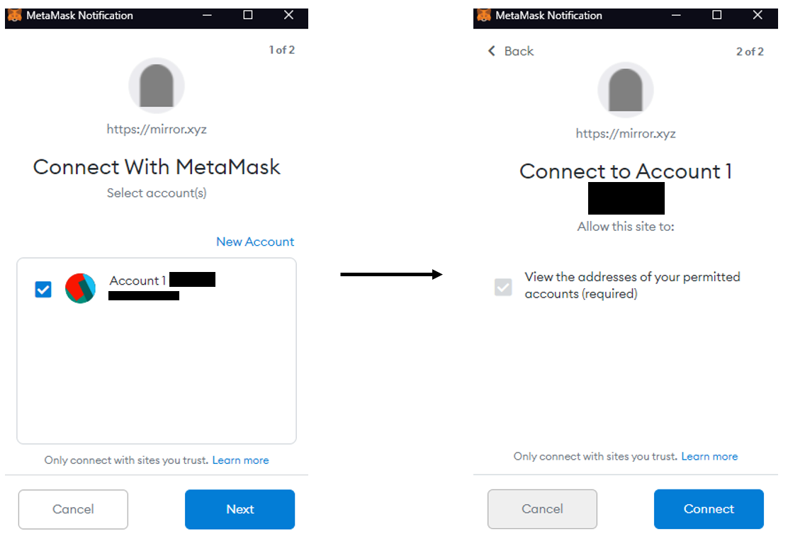 (3) Select the appropriate account and click “Next” and (4) verify you are connecting to the correct site and click “Connect”.