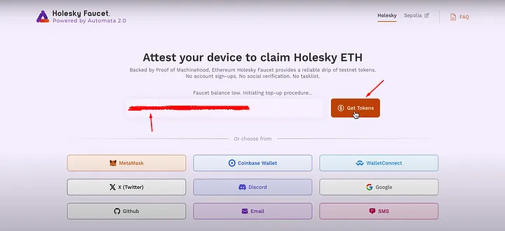 Add your Metamask address to the line, then click on the “Get Tokens” button.