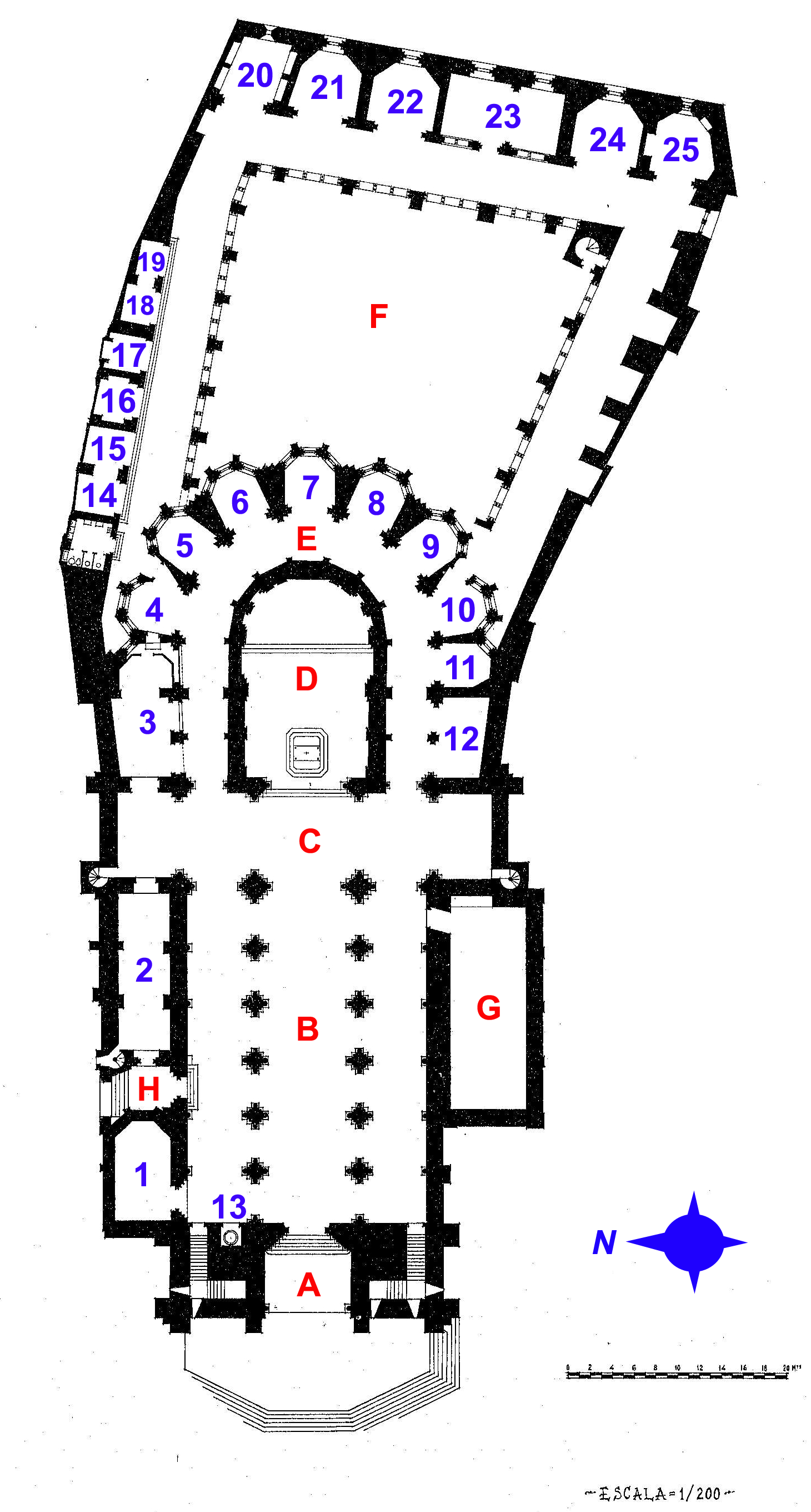 Plano geral da Sé de Lisboa. A - Nártex e entrada principal; B - Nave; C - Cruzeiro no transepto; D - Ábside (capela-mor); E - Deambulatório com capelas radiantes (4-11); F - Claustro e capelas (14-25); G - Sacristia; H - Entrada lateral norte. Capelas e dependências: 1 - Capela de Bartolomeu Joanes; 2 - Camarim do Patriarca; 3 - Capela do Santíssimo Sacramento; 13 - Baptistério; 23 - Capela de N. S. da Pedra Solta; 25 - Capela de Santo Aleixo. Capelas Radiantes: 4 - Capela do Espírito Santo; 5 - Capela de Nossa Senhora da Penha de França; 6 - Capela de Santa Ana; 7 - Capela de Santa Maria Maior; 8 - Capela de Santo Ildefonso; 9 - Capela de São Cosme e São Damião; 10 - Capela de Nossa Senhora da Conceição; 11 - Capela de São Sebastião; 12 - Capela de São Vicente.