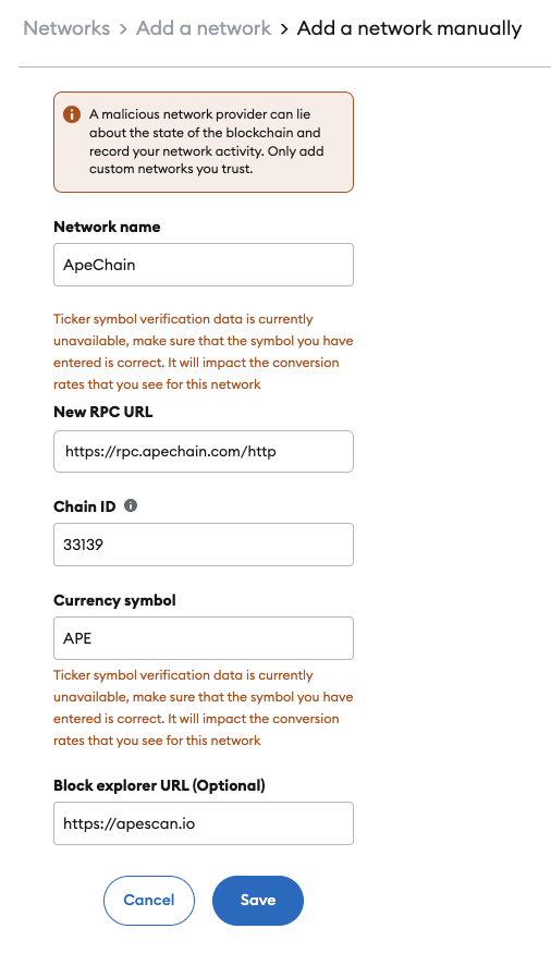 Fill in ApeChain info