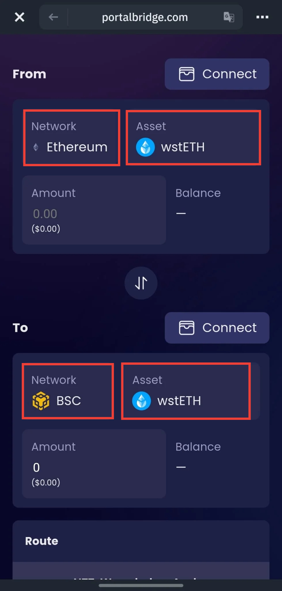  Select the "from" network as Ethereum and the "to" network as BSC (BNB Smart Chain). Choose wstETH as the asset to bridge