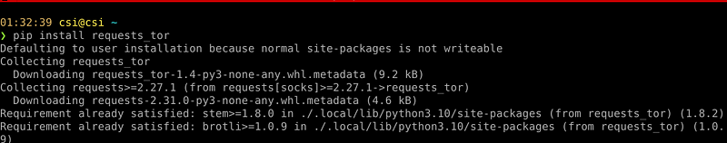 Figure 3. Terminal output for the installation of the requests_tor Python package via pip.