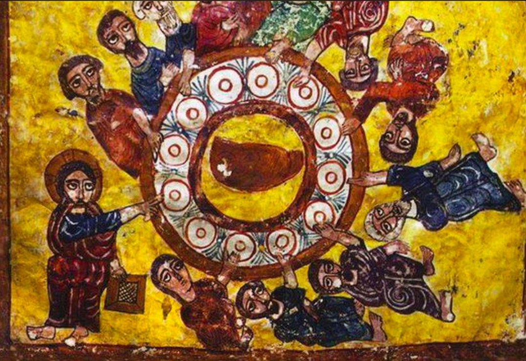 Old painting of royals gathered around a meal