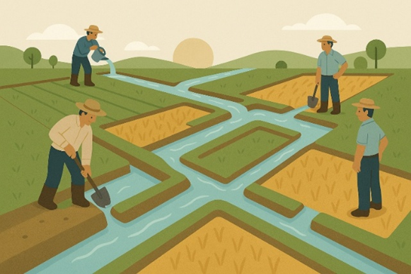 Imagina una red de Wi-Fi global como un sistema de canales de riego en donde cada participante construye un pequeño canal en su terreno que conecta con los canales de sus vecinos. El agua (internet) fluye por toda la red de canales, llegando incluso a las tierras más remotas.