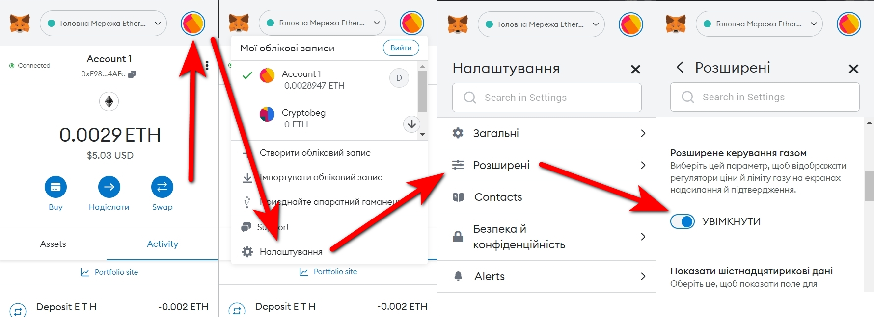 Активація ручного керування комісії в MetaMask 