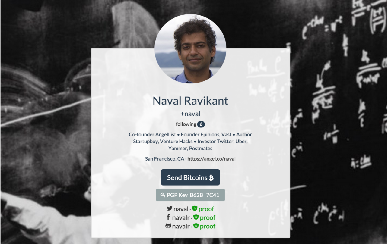 可以看到他已经证明与他的 Twitter、Facebook 和 GitHub 帐户有联系，这使得 naval.id 很可能就是他。旁注：您可能会注意到用户名的格式带有前导加号。在 BNS 上，+naval 等同于 naval.id。