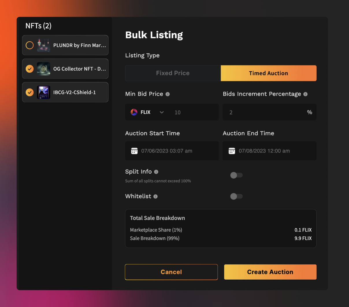 setting timed auction for NFTs using Bulk Listing feature