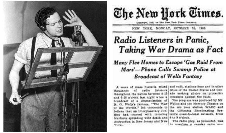Lado izquierdo: Orson Welles. Lado derecho: Portada de prensa relatando la histeria colectiva generada por el programa.