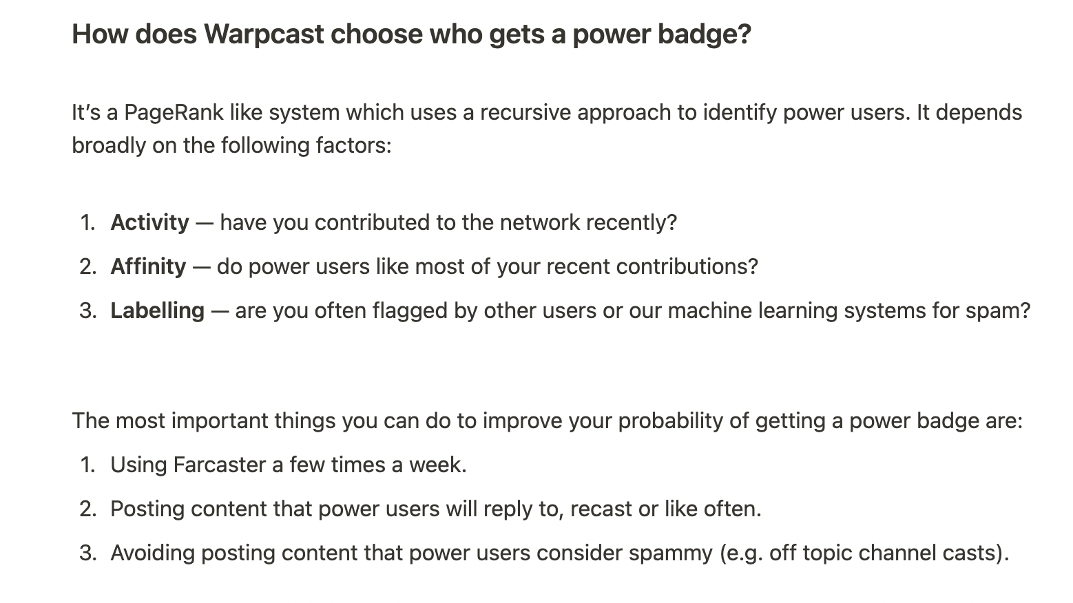 Source: https://warpcast.notion.site/Power-Badge-d81fea2e953e4dafae7c85295ffaf3ae