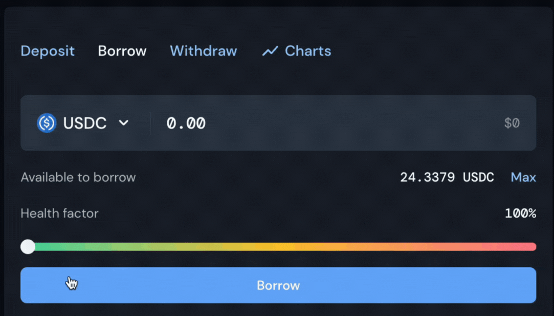 💡Minimum borrowing: the minimum borrowing amount is $50. Ensure that your deposit covers the collateral requirement (i.e., with a Max LTV of 80%, you would need at least $62.50 deposited to borrow $50).