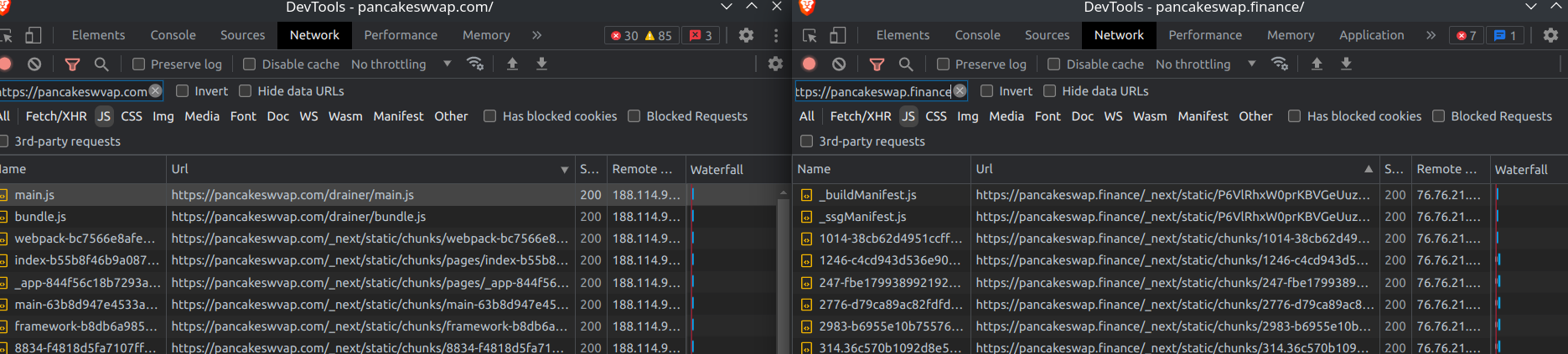 watching both pages load inside chrome developer tools 
