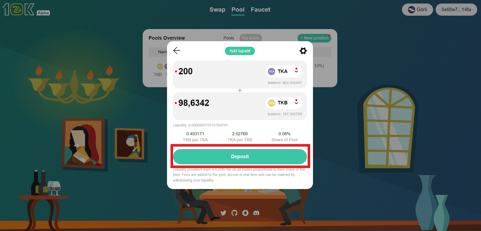 Choose the tokens and the amount we want to deposit and press "Deposit".