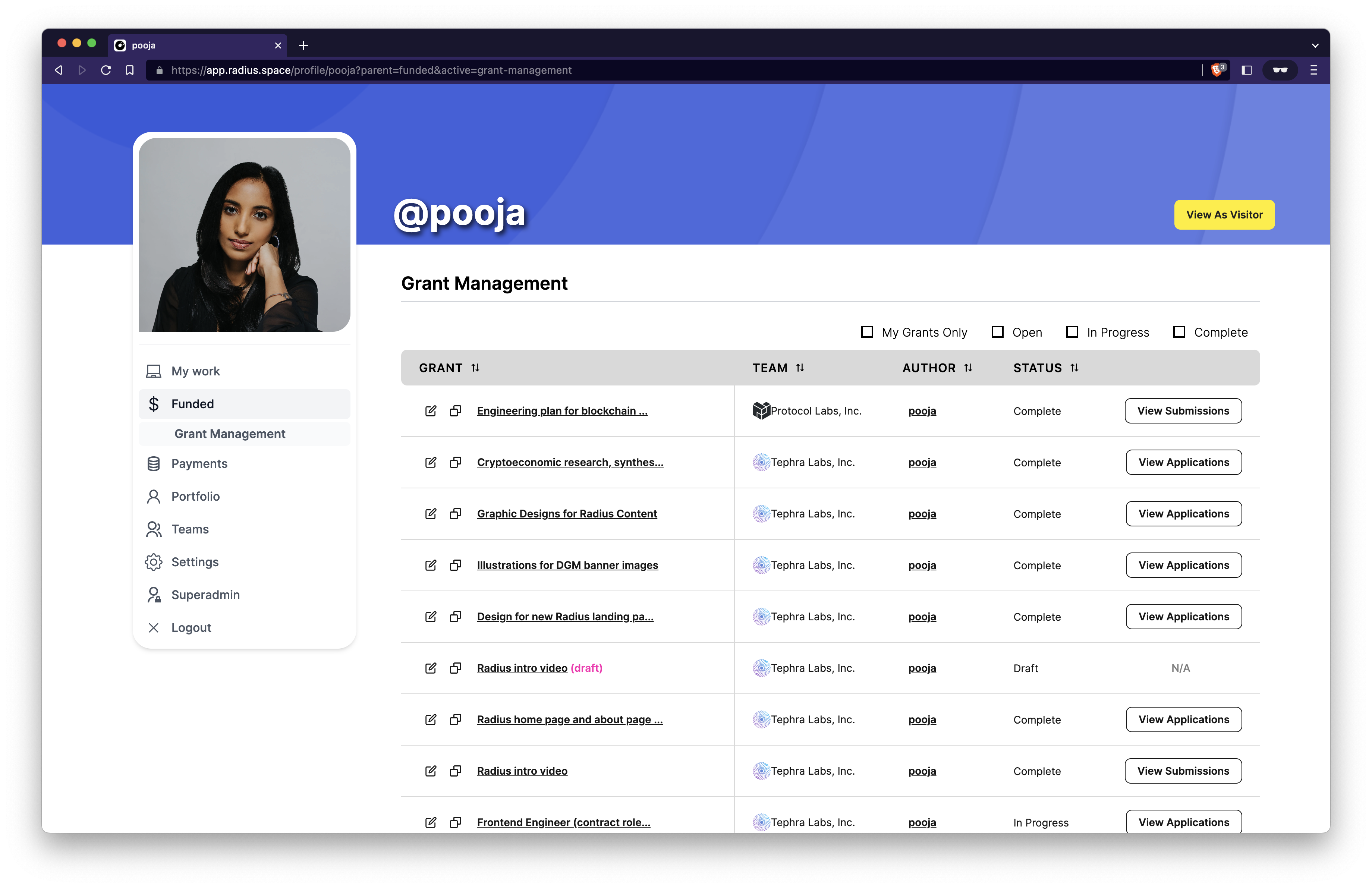 Manage grants from all your teams, all in one place.