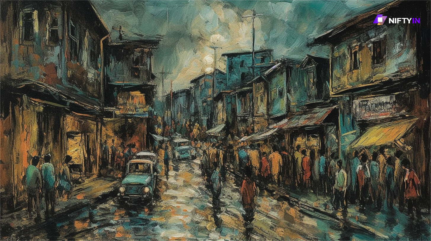 In Jakarta at seven in the evening, just after a thunderstorm has ended, the water on the streets has yet to dry. This scene is depicted by Affandi, showcasing his expressionist style. --s 720 --v 5 --ar 16:9
