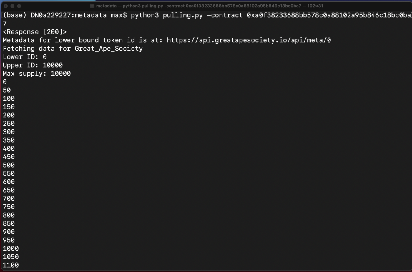 Our pulling script takes the ERC-721 contract address as an input and then rapidly scrapes the metadata.